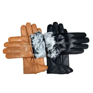 High Quality Sheepskin Leather Gloves With Rabbit Fur Lining Custom Men Black Gloves Winter Warm thumbnail-3