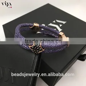 2016 New Custom Men Double Leather Stingray Rose Gold Black Stone Bracelet thumbnail-6