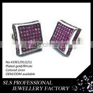 China 2014 Hot Selling Jewelry Sterling Red Zircon Silver RH Plated Earring Stud Crew Back Earring Designs Men thumbnail-1