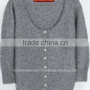 Women Deep Round Neck Button Up Autumn Thin Cropped Cardigan Sweater thumbnail-1