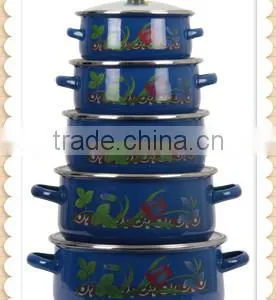 Full Decal Navy Blue Double Handle Enamel Cookware Set Kitchenware Enamel Pot 5 Pcs Stock Belly Pot With Glass Lid thumbnail-1
