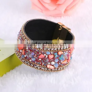 New Arrive Nature Stone Wide Crystal Velvet Magnetic Clasp Bracelet Bohemia Style For Women thumbnail-1