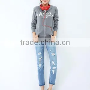Female Section Hemp Grey Cultivate One's Morality Version Hooded Cardigan Fleece Jacket thumbnail-1