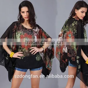 Women Clothing 2016 Fashion Bohemian Flower Print Women Top Batwing Sleeve Chiffon Vintage Style Summer Women Blouse Plus Size thumbnail-1
