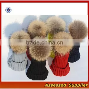 Custom Fashion Real Raccoon Fur Pom Pom Hat Beanie Cap Winter Knitted Hat for Women and Baby Free Samples thumbnail-2