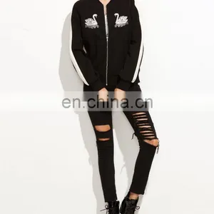 MIKA7139 White Striped Sleeve Swan Embroidered Bomber Jacket thumbnail-5