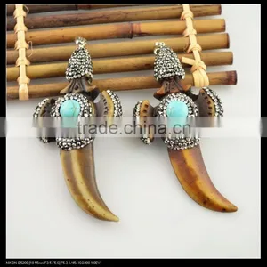 LFD-0093P ~ Wholesale OX / Bull Bone Carved Charm Pendants Necklace Crystal Rhinestone With Turquoise Paved Fashion Jewelry thumbnail-4