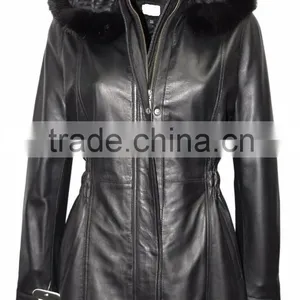 Ladies Black Knee Length Detachable Fur Hooded Soft Nappa Leather Jacket thumbnail-1