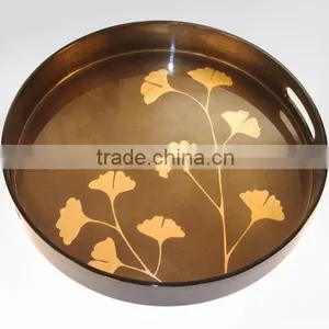 Best Selling Leaf Design Brown Lacquer Wood Serving Tray Table thumbnail-1