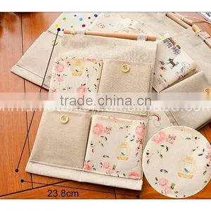 4 Pcs Cotton Pockets Wall and Door Print Flower Picture and Nature Wooden Stick Multifunctional Storage Hanging Bag thumbnail-2