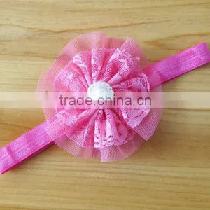 Lace Flower Headband With Pearl Rhinestone in Center for Kids Hair Accessories thumbnail-5
