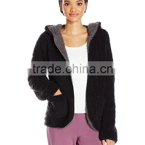 Sherpa Fabric Reversible Cardigan Jackets 100% Polyester Women's Pockets Hooded Open Front Plush Sherpa Cardigan thumbnail-4