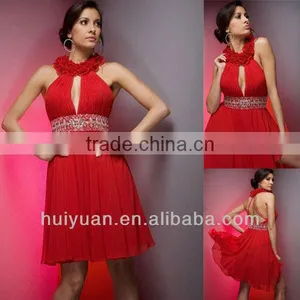 2011 Hot Sale Chiffion Sleeveless Halter Red Beaded Cocktail Dress thumbnail-1