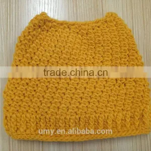 Yellow Wholesale Messy Bun Ponytail Beanie Crocheted Hat thumbnail-1