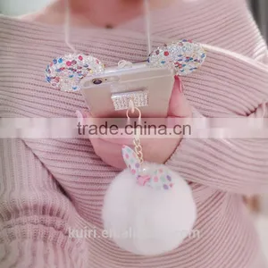 Hot Selling New Rabbit Pom Pom Fur Ball Bow Cell Phone Keychain Pendant Charm Key Chain Mirror Case For IPhone thumbnail-1