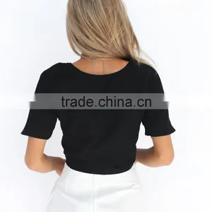 Latest Design Sexy Deep V Neck Crop Tops Short Sleeve Blouse 2017 thumbnail-4