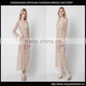 New Long Sleeves Deep V Sexy Dress Net Yarn Tassel Sequins Pictures of Long Skirts Ladies Formal Skirt and Blouse thumbnail-1