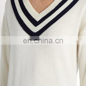 High Quality Varsity V-neck Wool and Cashmere-blend Sweater Fashion Design Women Long Sleeve Sweater thumbnail-3