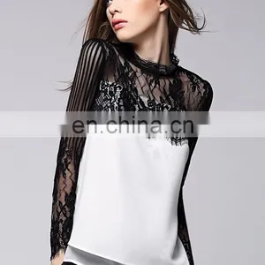 Office Lady Elegant Stand Lace Collar With White Crepe Long Sleeves Sexy Blouse thumbnail-1