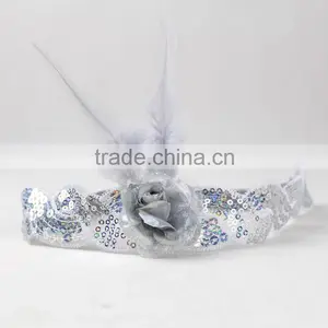 Halloween/Christmas Custom White Flapper Sequin Elastic Feather & Flower Headband thumbnail-3