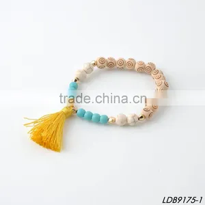 Turquoise Stone Bead Spiritual Wooden Bead Bracelet With Tassel thumbnail-1