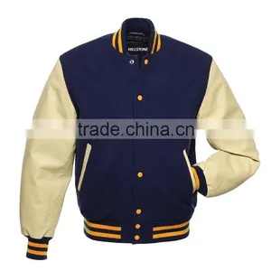 New Mens Fashion College Plain Navy Blue Wool | Leather Sleeves Classic Letterman Baseball thumbnail-1