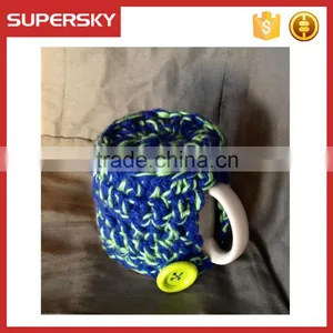 V-65 Blue and Green Crochet Knit Sleeve Warmer Cup Mug Sweater With Greeen Button thumbnail-3