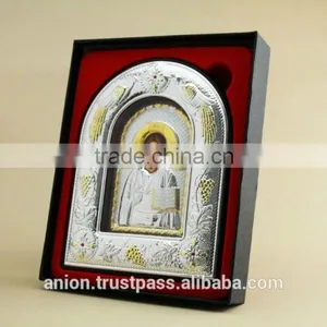 Greek & Russian Orthodox Big Wooden Icon. Christ Pantocrator. Silver Edging thumbnail-2