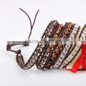 Hand-woven Brown Stone Bracelet Bangle Fashion Bracelet Jewley Multilayer Wrap Bracelet Women White Crystal Leather Bracelet thumbnail-3