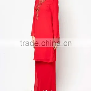 Red 100% Polyester Embroidered Beaded Elegant Women Muslim Dress thumbnail-3