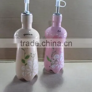 Ceramic Pink Glaze Flower Design Oil Olive and Vinegar Bottle Set thumbnail-1