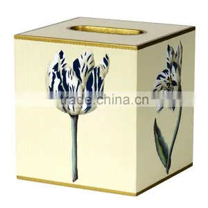 Tissue Box Cover Square Wood Bathroom Accessories Dispenser Wooden Tissure Box Holder Blue Floral CN thumbnail-1