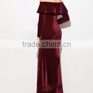 New Style Off the Shoulder Long Sleeve Flounce Layered Neckline Maxi Evening Dress Women New Sexy Fishtail Velvet Dresses thumbnail-3