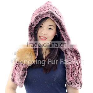 CX-C-242F Ladies Hand Knit Rex Rabbit Fur Hooded Scarf Winter Hats Women thumbnail-4