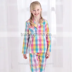 2015 Top Fashion 100% Cotton Home Lattice Sleepwear Spring Summer Long Sleeve Turn-down Collar Kids Pajamas thumbnail-1