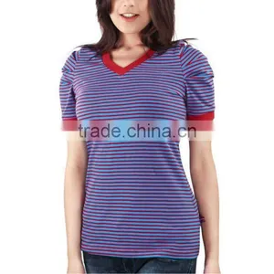 LADIES STRIPED V NECK T SHIRT WITH CONTRAST NECK & CUFFS thumbnail-1