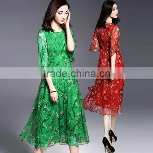 High Quality Real Silk Half Sleeve Round Neck Printed Summer Long Dress Latest Dress Designs thumbnail-2