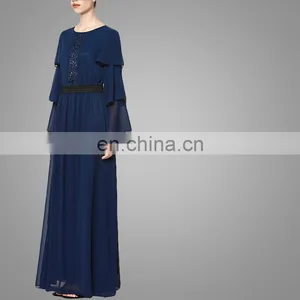 New Arrival Navy Blue Ruffled Sleeves Muslim Women Clothing Chiffon Maxi Dress thumbnail-4