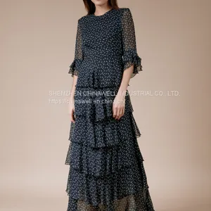 Ladies' 100%silk Chiffon Short Sleeve Ruffler Edge Print Dress thumbnail-4