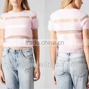 Fluffy Stripe Jumper Sweater Short Sleeve Crop Top Fuzzy Pastel Candy Colors thumbnail-1