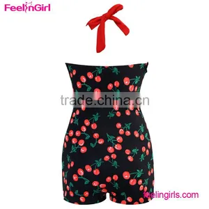 Girls Black and Red Cherry Print Retro High Waist Bikini thumbnail-3