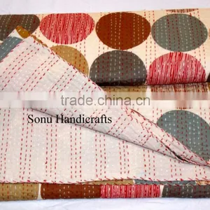 Queen Size Polka Dots Print Reversible Kantha Quilt Indian Sari Quilt Handmade Kantha Quilt Glazed Cotton thumbnail-3