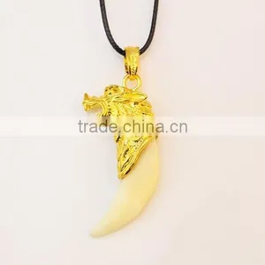 Retro Cool Men's Charm Choker Wolf Tooth Pendant Genuine Leather Alloy Necklace thumbnail-4