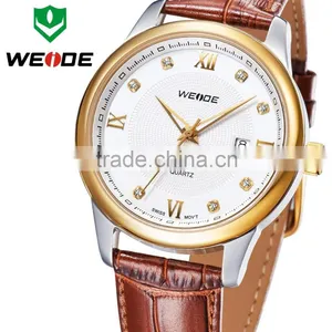Luxury Brand Gold Military Genuine Leather Rhinestone Quartz Man Watch WEIDE 93008R thumbnail-1