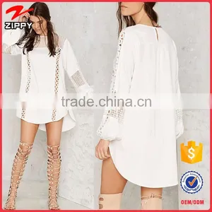 2016 Latest Design Long Sleeves Ladies Crochet Trim White Tunic Dress thumbnail-1