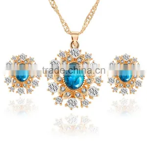 High Quality Big Green Stone Korea Wedding Necklace and Earring Sets Gold Jewellery thumbnail-2