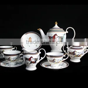 Porcelain 15pcs 17pcs Tea Set Coffee Luxury Brief 3 Horses Cup and Saucer Fashion Set Bone China Tableware Marry Gift Set thumbnail-1