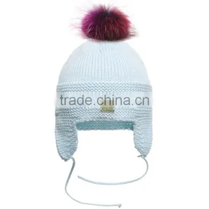Myfur Baby Blue Wholesale Cotton Earflap Crochet Hat With Detachable Fur Pom Pom Top thumbnail-1
