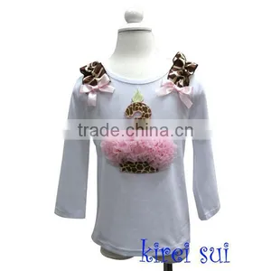 Kids Brown Giraffe Light Pink 3rd Birthday Cupcake White Long Sleeves Tops 1-7Y thumbnail-1