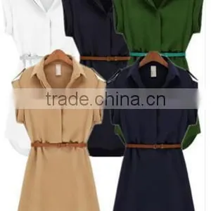 Onen Trade Assurance Latest Girl Casual Wear Short Sleeve Chiffon Shirt Style Dress With Belt Plus Sizes thumbnail-2